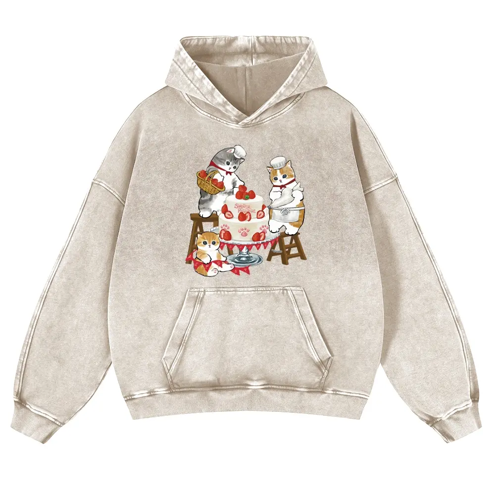 Men's Oversized Acid Wash Beige Cotton Hoodie - Vintage Cute Cats Baking Cake Graphic, Retro Kitten Strawberry Dessert Aesthetic, Spring Casual Fit Coquette Cottagecore Pullover Top (Jeans Pairing-Friendly), Long Sleeve, Thick, Clothes, Fabric, Menswear