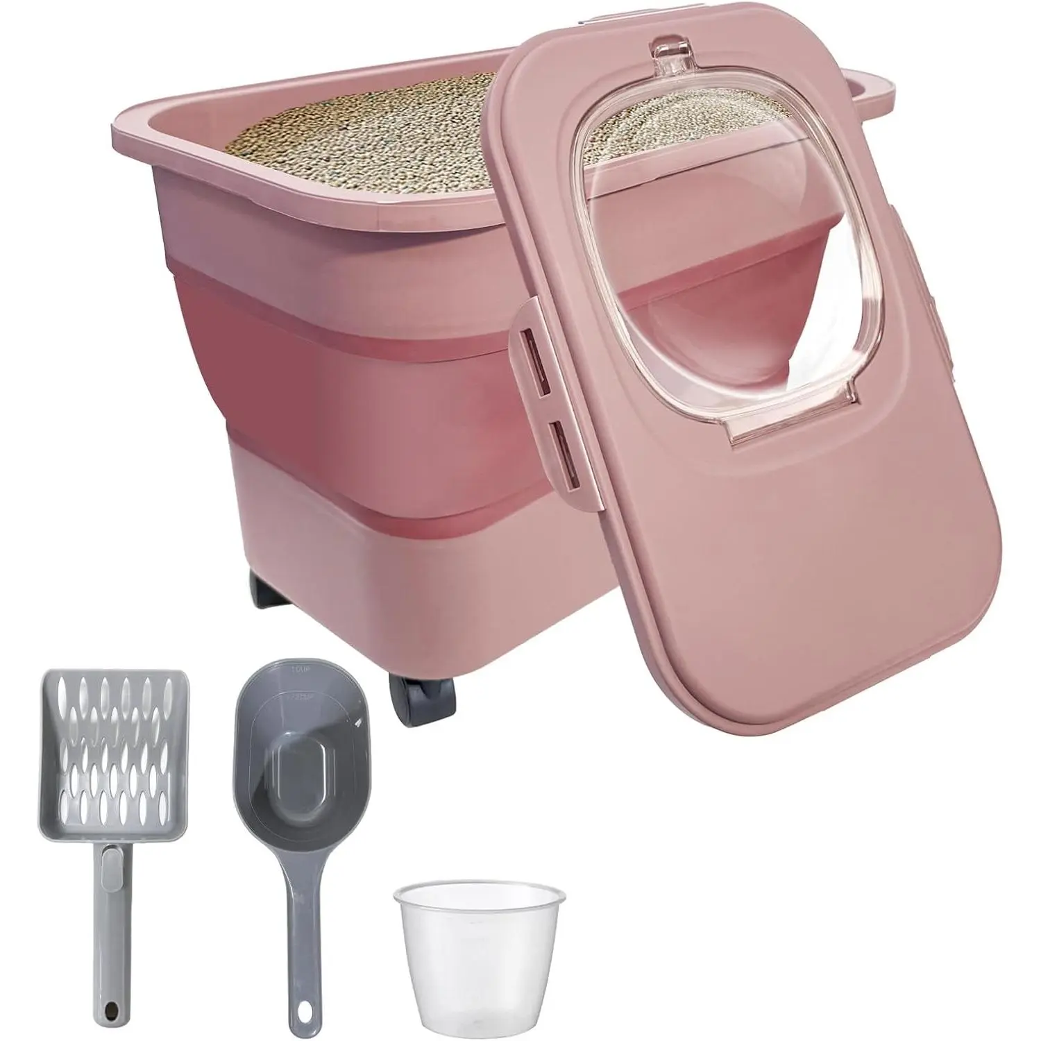Collapsible Cat Litter Storage Container with Rolling Casters,20 Lbs Cat Litter Storage with Wheels,Airtight Lids,Cat Litter Shovel,Portable Cat Litter Storage Bin Container,BPA Free (Pink)