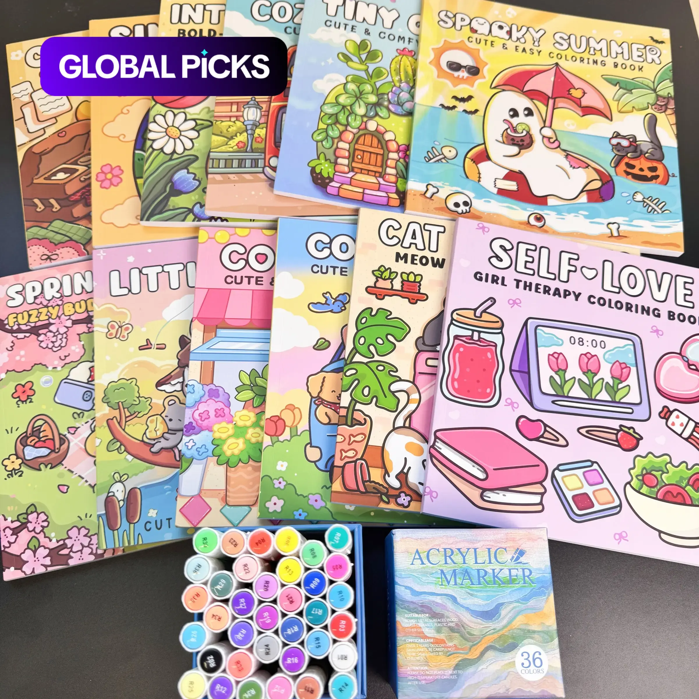 12-Piece Thick Coloring Book Set with 36 Colors, Craft Kit, Coloring Book Markers, Cute Designs, Multiple Themes, Perfect for Daily Leisure & Holiday Gifts #GLOBAL PICKS