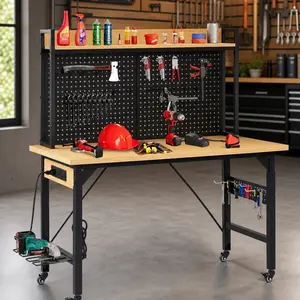 ARCH 48-Inch Adjustable Rolling Workbench with Pegboard, Heavy Duty Engineered Wood Desktop, 1600 lb Capacity, Steel Frame, AC/USB Outlets, 18 Hooks, Shelf, Yellow+Black, for Garage Workshop Office Home, Yellow+Black Color Options