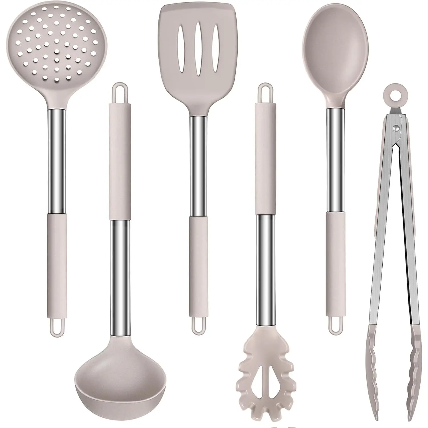 Cooking Utensils Set of 6, Kitchen Utensils Set, Khaki | For Nonstick Cookware, 446°F Heat Resistant Kitchen Spatula Gadgets Tools, Stainless Steel Handle,  Grade