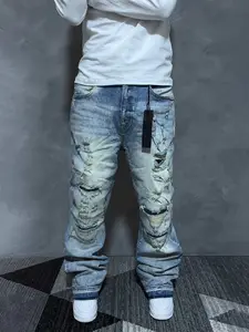 Men's Micro Flare Jeans, Loose-Fit Button Fly Denim, Y2K Washed Patchwork, All-Season Solid Pattern, Unlined Plain Surface