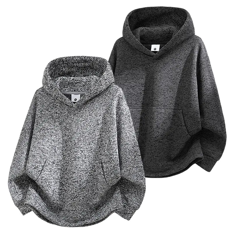 Men's Vintage Streetwear Hooded Pullover Sweatshirt - Menswear Tops, Dark Grey Mottled Heather Polyester Jacquard Textured Fabric, Classic Hood, Ribbed Cuffs & Hem, Minimalist Long Sleeve Daily Casual #sohochic