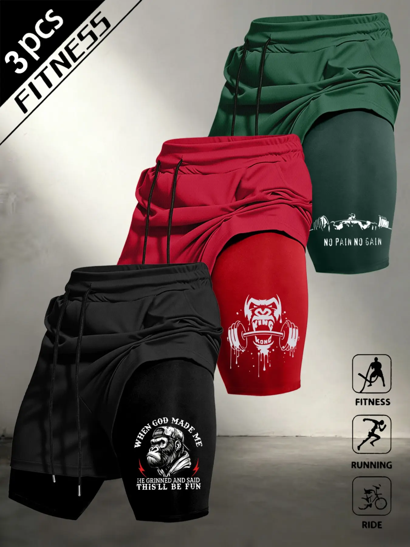 Men's Summer Fashion Casual Shorts, Letter Gorilla Fitness Pattern Print Drawstring Gym Shorts, Graphic Fitness Shorts, Ideal for Daily Wear and Gym