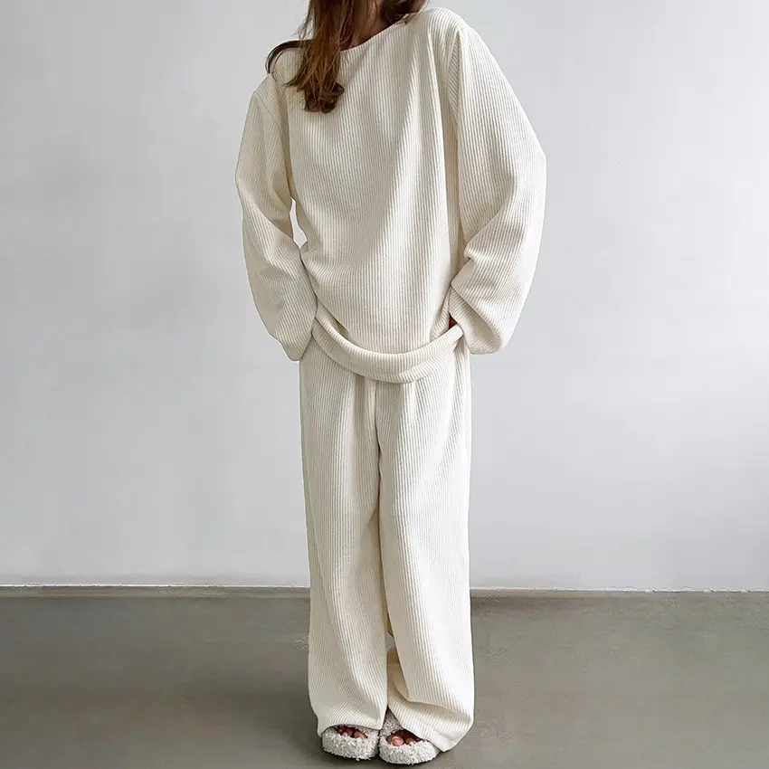 Women's Basic 2-Piece Waffle Knit Loungewear Set - Oversized Long Sleeve Crew Neck Top, Elastic Waist Wide Leg Pants, Matching Pyjamas for Daily Wear (Matching Sets for Women)