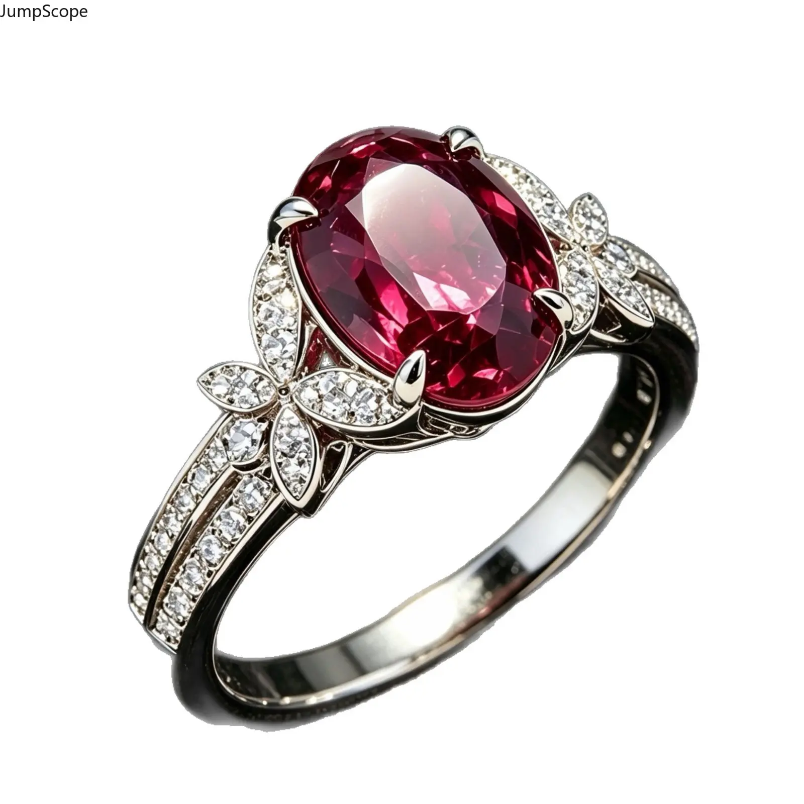 Women's Butterfly Wing Statement Ring with Oval Ruby Gem & Paved Zircons, Silver Plated Split Shank Cocktail Jewelry, Valentine Gift, Women's Fashion, Cocktail Wear