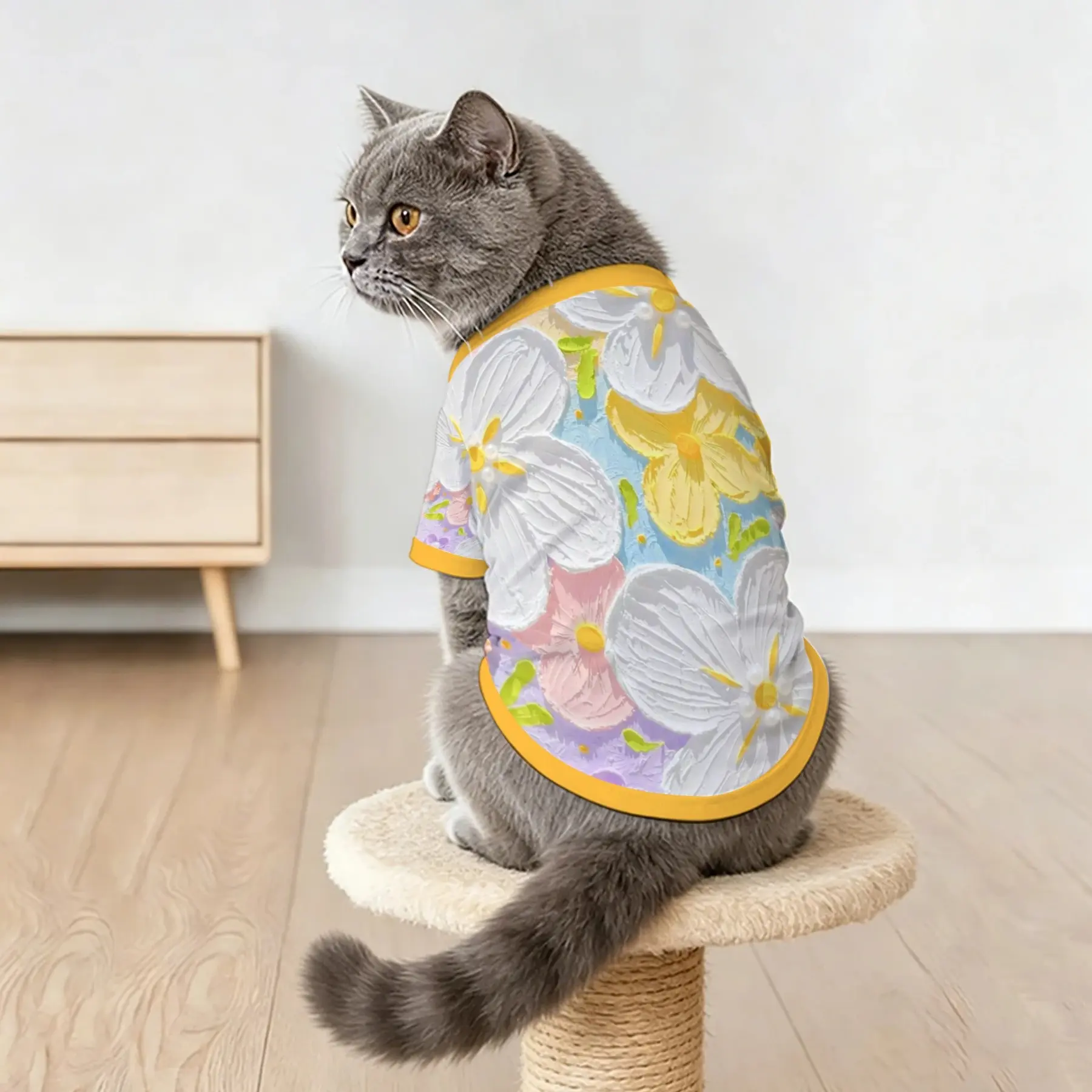 Pet Clothes for Dogs & Cats, Hand-Drawn Floral Print, Soft Breathable Short Sleeve T-Shirt, All Seasons, Daily Wear