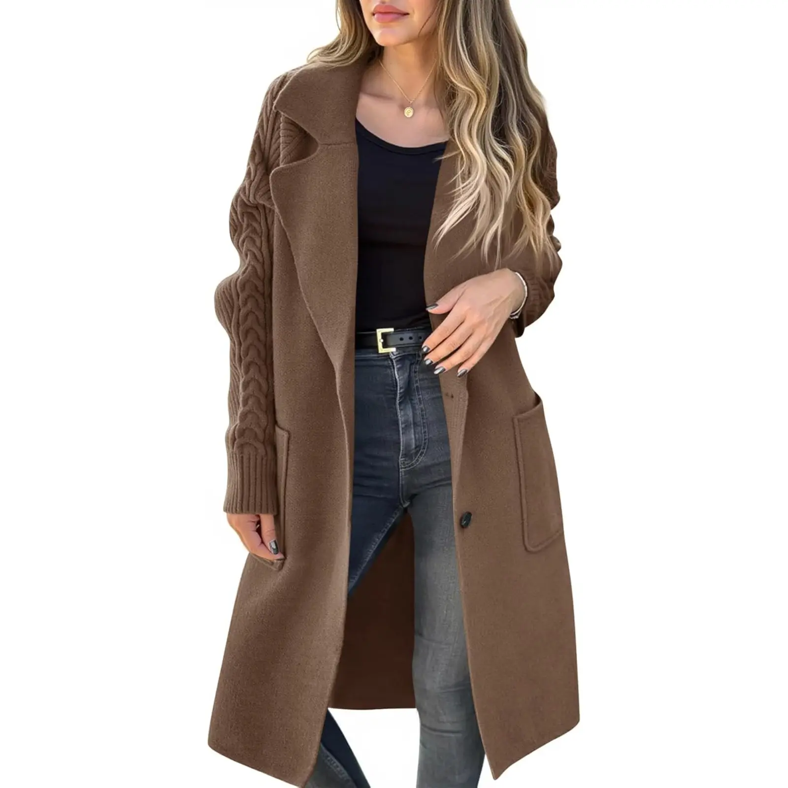 Aoysky Women's Basic Chunky Knitwear, Long Sleeve Open Front Coatigan with Lapel Collar, Buttons and Pockets, Tops, V-Neck, Cardigan Jacket