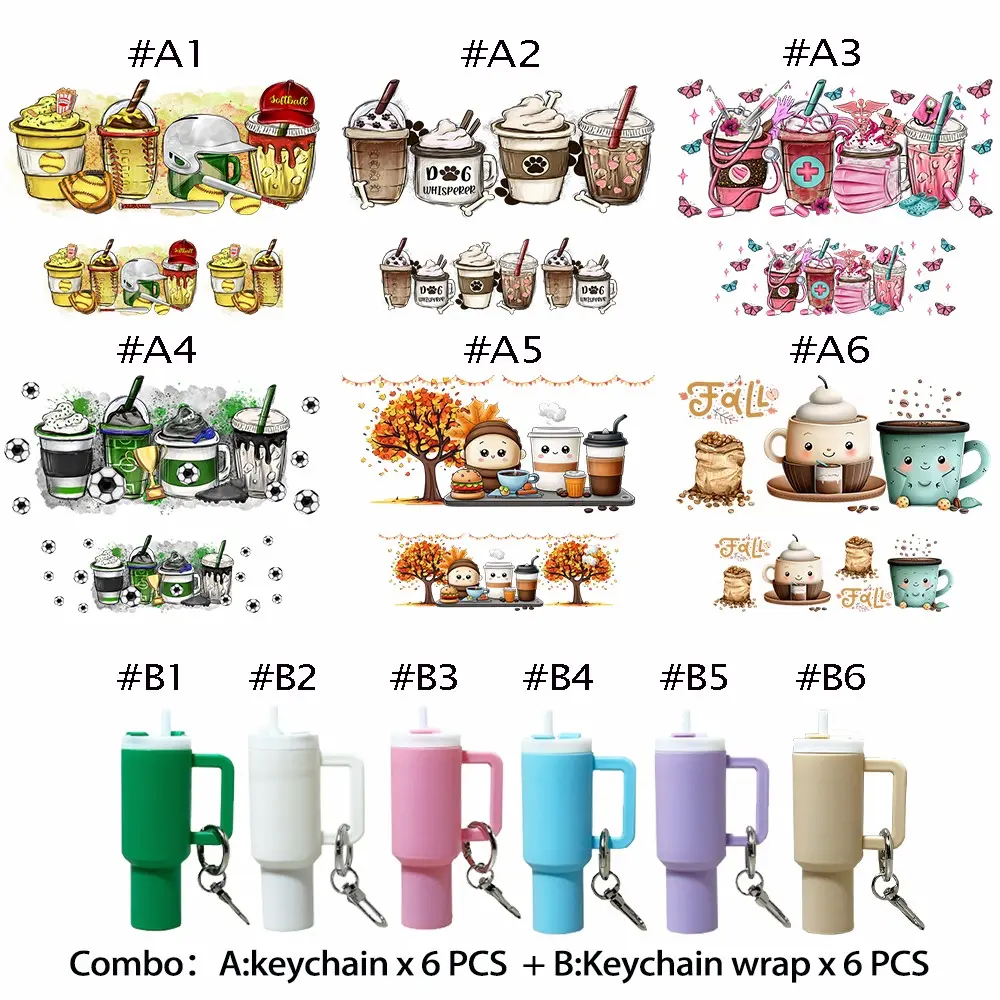 12 in 1 Coffee Theme DIY Craft Kit, Includes 6 Mini Travel Mug Keychains & 6 UV DTF Stickers, Perfect Gift for Fall & Christmas