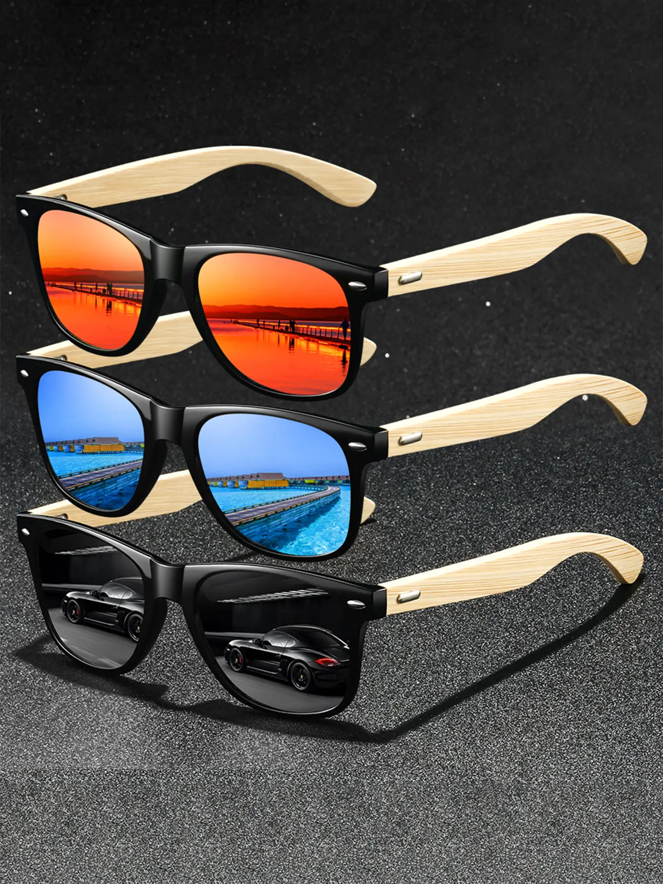3 pairs of the latest fashionable bamboo and wood frame square glasses, available in multiple colors. Wooden materials are environmentally friendly and fashionable, very suitable for leisure and outdoor use, and are fashionable accessories for daily wear