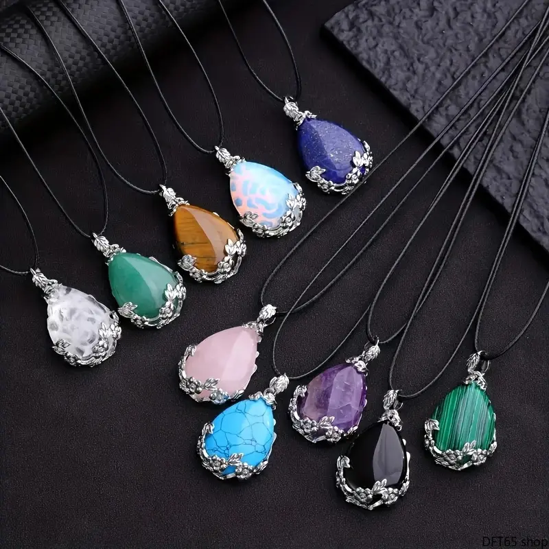 Teardrop Shaped Natural Amethyst Pendant Necklace Multi Tone Polished Raw Stone Matte Adjustable Braided Cord Delicate Minimal Silhouette For Women Daily Dating Holiday Stackable Vintage Decorative Neck Costume Jewelry