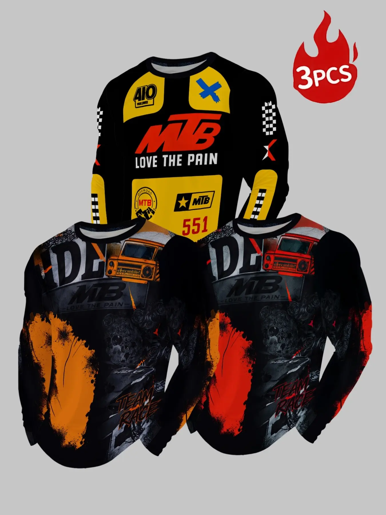 3 PCS Men Long Sleeve Riding Jersey Set, Racing Skull Truck Letter Graphic Breathable Shirts, Off Road Motocross Mountain Bike Outdoor Sports Multi Pack Tops.