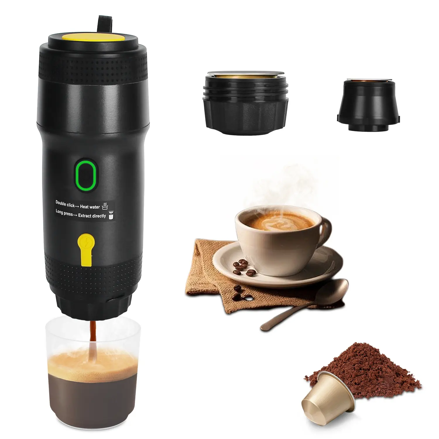 Portable Cordless Self-Heating Electric Espresso Machine - Anti-Dry Burn, Compatible with Ground Coffee & NS DG Capsules, 120ml (2.03oz) Lightweight At Home Espresso Maker for Car Camping, Christmas Gift