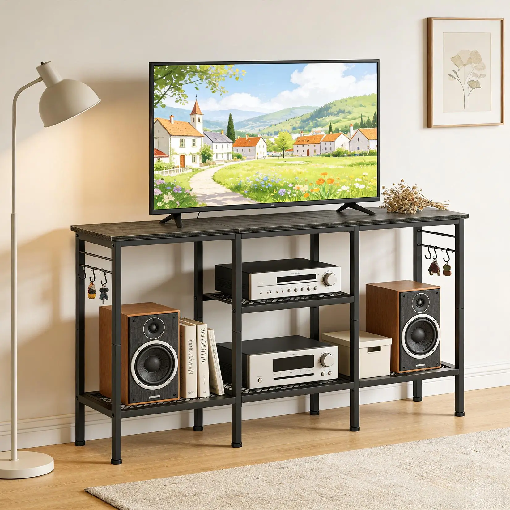 Modern Office Computer Desk & TV Stand for TVs up to 55", Entertainment Center with Soundbar Shelf & Open Storage, Media Console Table with Cable Management for Living Room, Bedroom & Home Office, Heavy Duty Gaming Desk, Easy Assembly, Black