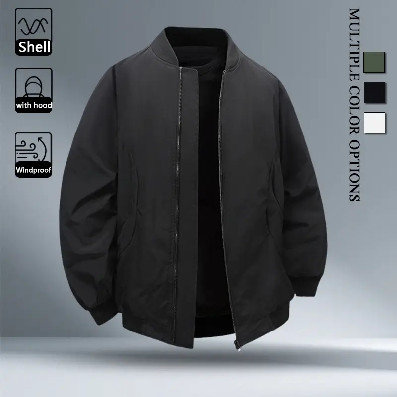 Men Solid Stand Rib Collar Bomber Windproof Jacket, Plain Blank Full Zip Baseball Coat, Elastic Rib Cuff & Hem Wind Resistant Outerwear for Daily Casual Street Outfits, 3 Solid Color Options