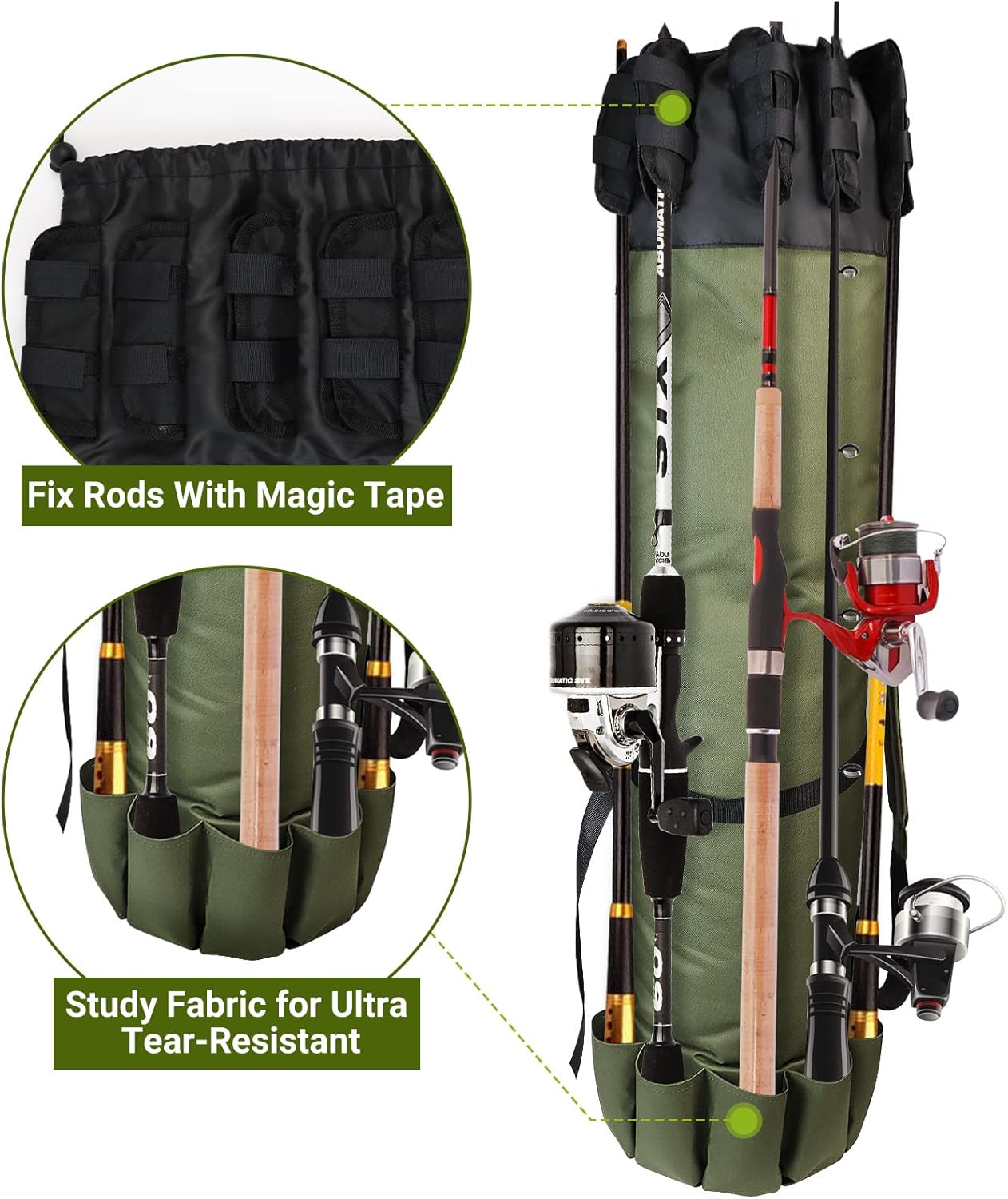 Foldable Oxford Fabric Fishing Rod Storage Bag, Portable Lightweight Outdoor Shoulder Carry Case Green for Men Fishing Gear and Baitcaster Rods