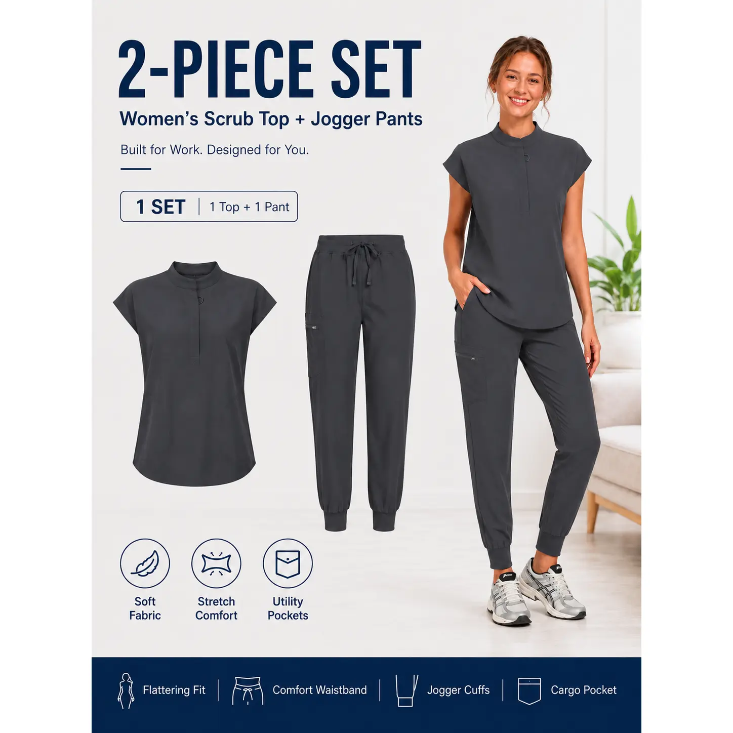 Women's 2-Piece Minimalist Scrub Uniforms, Cute Slim Fit Cap Sleeve Top and Cargo Jogger Pants with Zipper Pockets, 4-Way Stretch Workwear Clothes, Women's Clothes, Two Piece Set