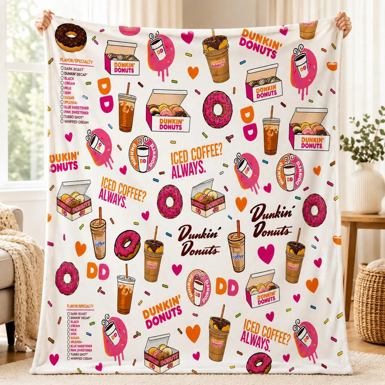 Dunkin' Donuts Coffee Flannel Blanket, Soft and Cozy, Bright Sweet Design, Perfect for Home Decor, Sofa Bed Cover, Dessert Lovers Gift
