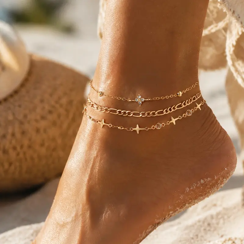 Boho Three-Layer Starlight Anklet, Beach Sand Thin Chain Cross Rhinestone Ankle Bracelet, Stylish Foot Jewelry for Women, Trendy Jewelry