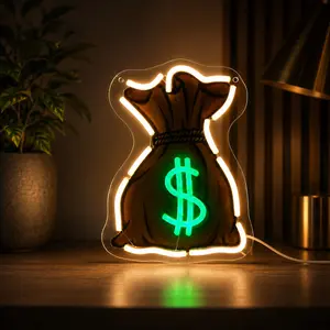 Money Bag Neon Sign with Green Dollar LED, Warm White Cash Sack Wall Light, Acrylic Backboard, Plug-in Decorative Lamp for Bedroom, Game Room, Bar, Office, Man Cave, Party, TikTok Shop Gift for Entrepreneurs, Finance Fans & Hustle Aesthetic Decor Wall Art
