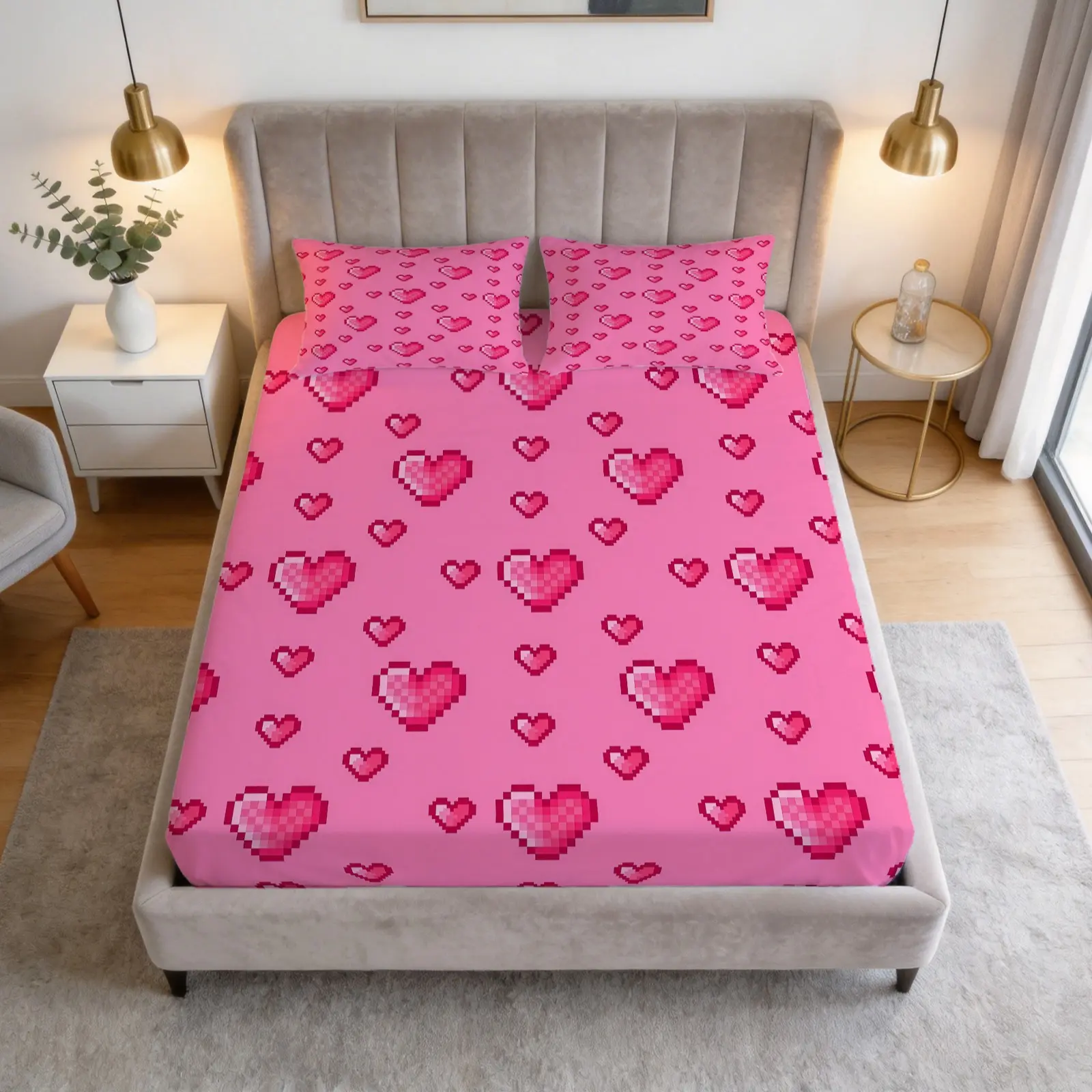 Ins Style Heart-Shaped Printed Pattern Bed Sheet Set, 1 Bed Sheet With 2 Pillowcases (Excluding Pillow Core), a Girl's Heart Bedding Suitable For Bedroom Decoration And Gifts