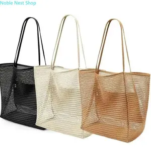 Women’s Sandproof Nylon Mesh & Polyester Woven Beach Tote with Strap, Large Open-Top Foldable Handbag, Durable Multipurpose Bag for Beach, Travel & Gym Workouts