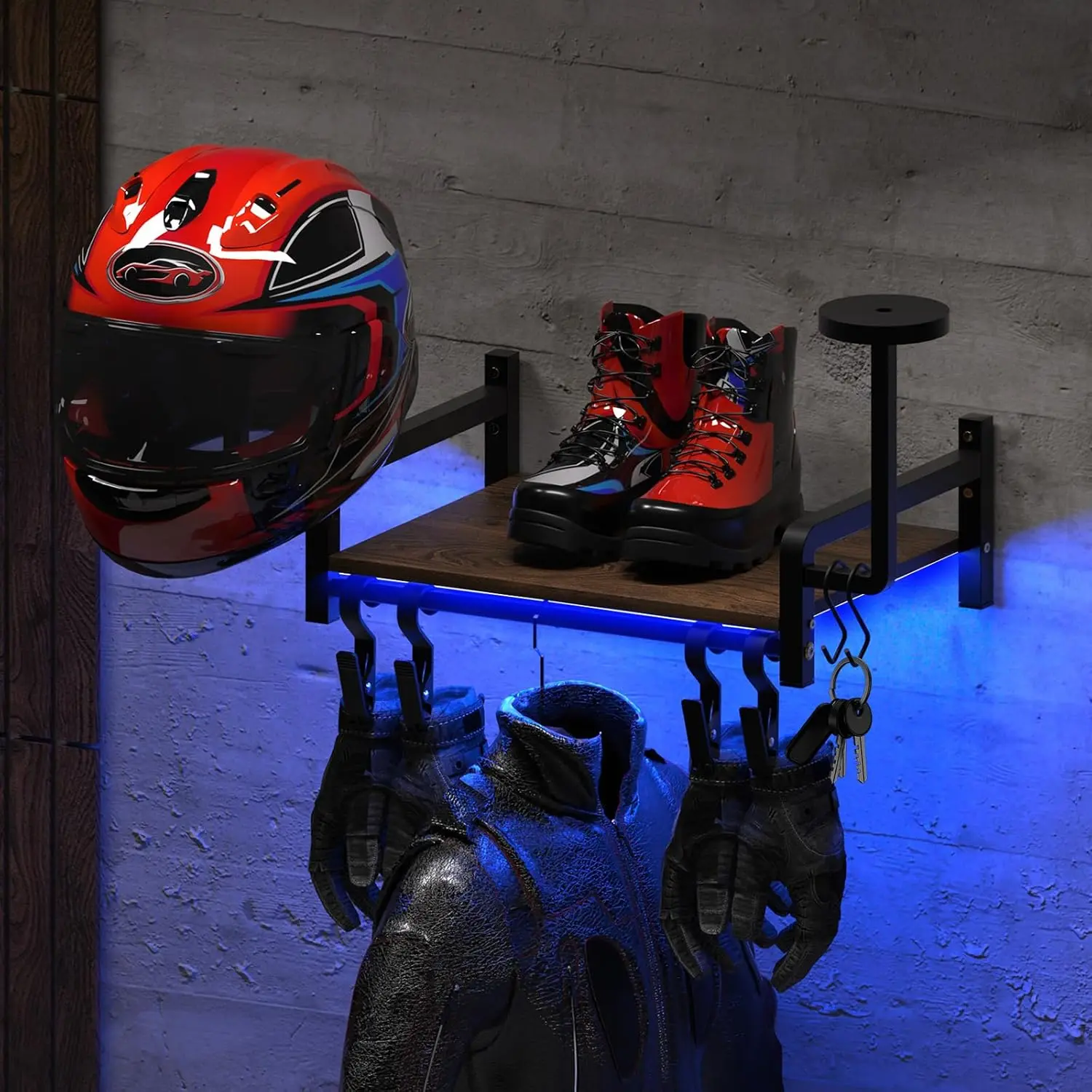 Motorcycle Helmet Wall Mount Rack, Heavy Duty Helmet Holder with RGB Light Strip – Gear Display Shelf for Jackets, Gloves & Motorcycle Accessories Organizer, Garage & Entryway