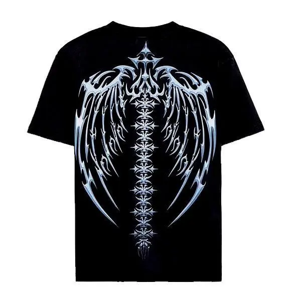 Men's Gothic T-Shirt with Wing Graphic Print - Vintage Emo Style Menswear in Soft CVC Cotton Blend, All Season Oversized Top