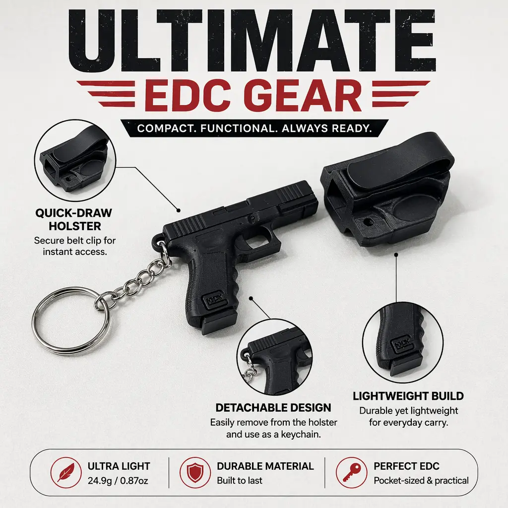 Tactical Mini Glock Keychain with Quick-Draw Holster | 24.9g Alloy EDC Gear | Cool Keyring for Men