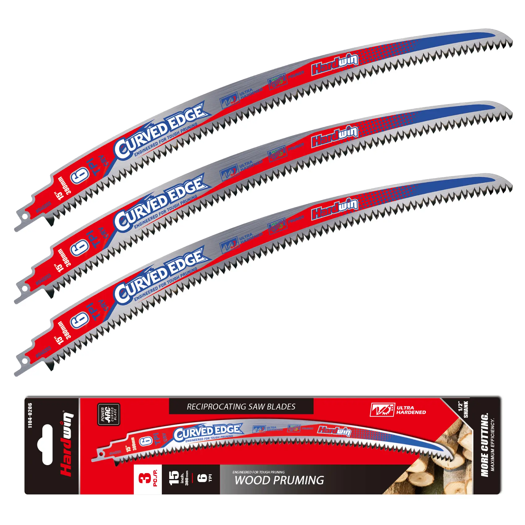 Hardwin 15-Inch Arc Edge Sawzall Blades, 6TPI Japanese Teeth Heavy-Duty Cr-V Steel Pruning Sawzall Blade, Perfect for Tree Trimming, Branch Cutting and Fast Wood Cutting, 3-Pack