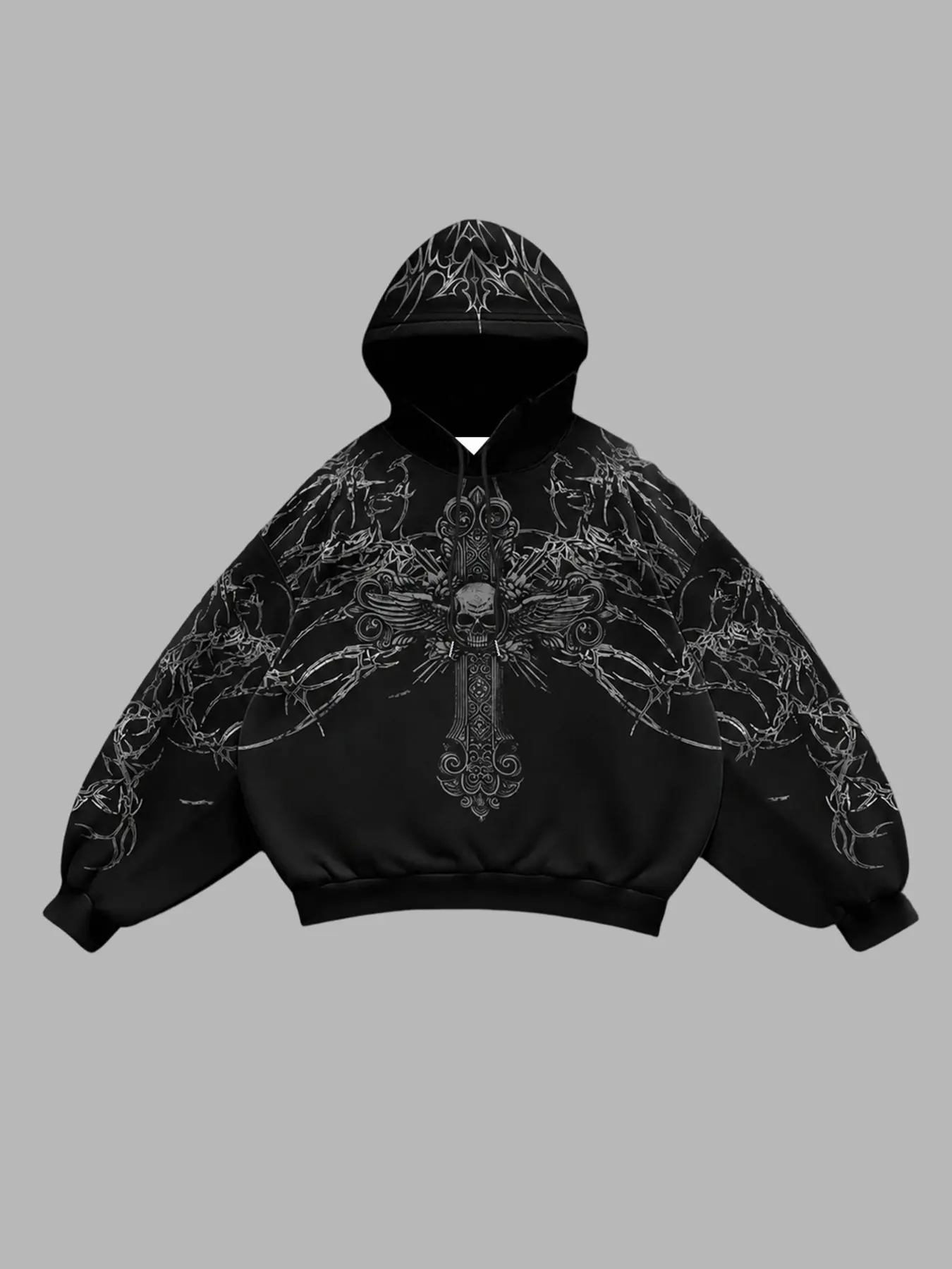 Short Hooded Sweatshirt, All over Print Thorn Skull Cross Wings, Dark Street Style, Loose-Fit Pullover, Long Sleeve, Casual