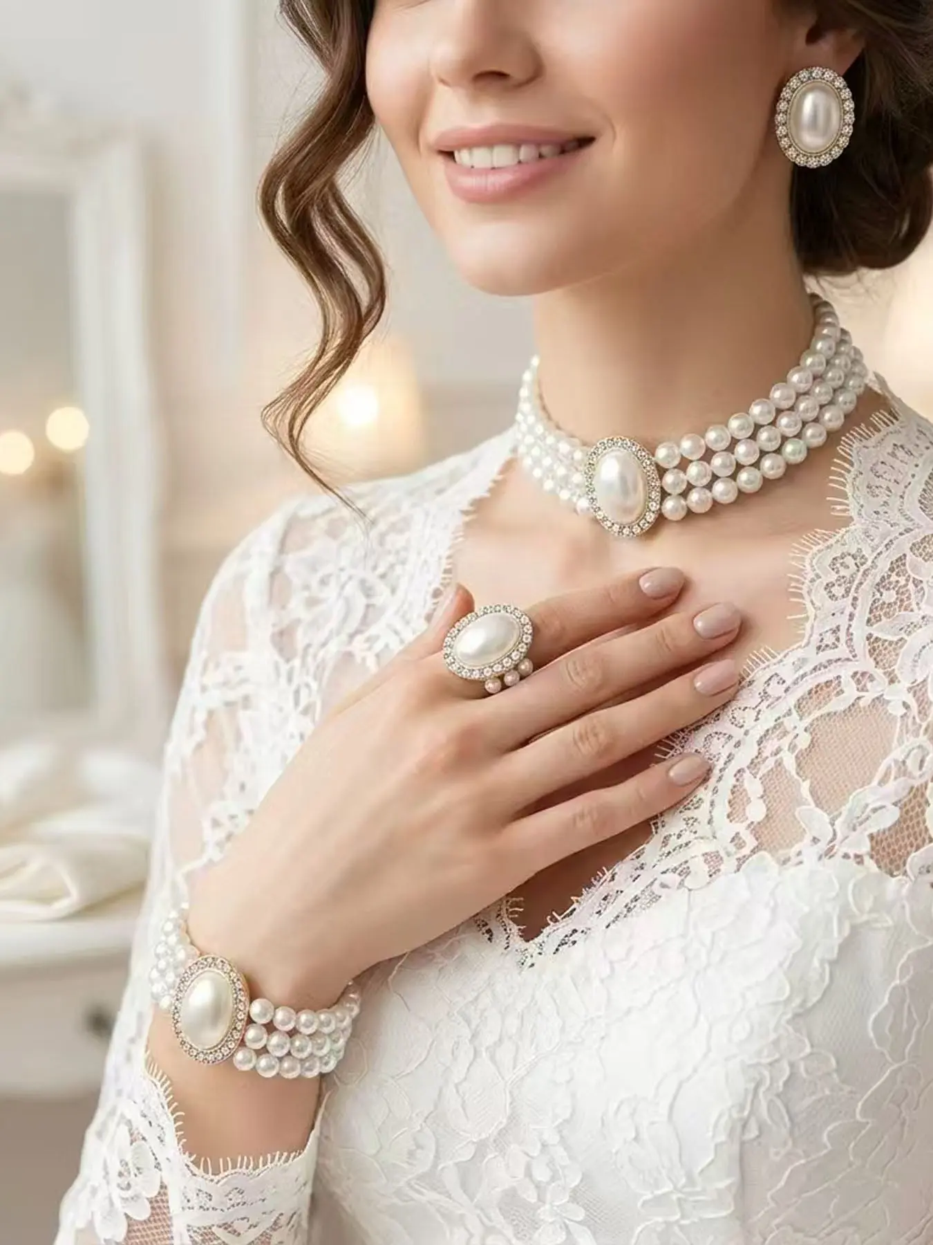Pearl Jewelry Set Necklace Bracelet Earrings Ring Five-Piece, Unique Elegant Aesthetic Pearl Accessories for Women, Bridal Sets, Attention to Detail, Perfect Gift for Any Occasion