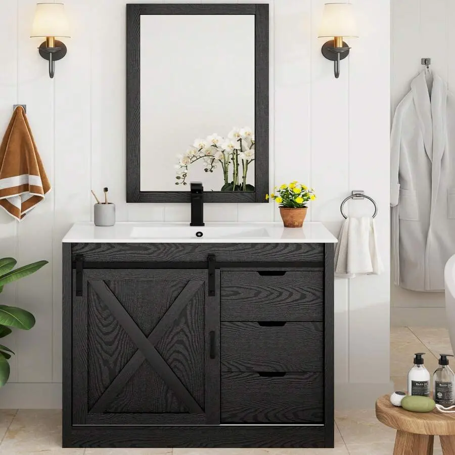 36 Inch Bathroom Vanity With Sink & Faucet & Mirror, Farmhouse Bathroom Vanity Cabinet Set With Barn Door & Drawers, Small Single Bath Storage Vanity Sink