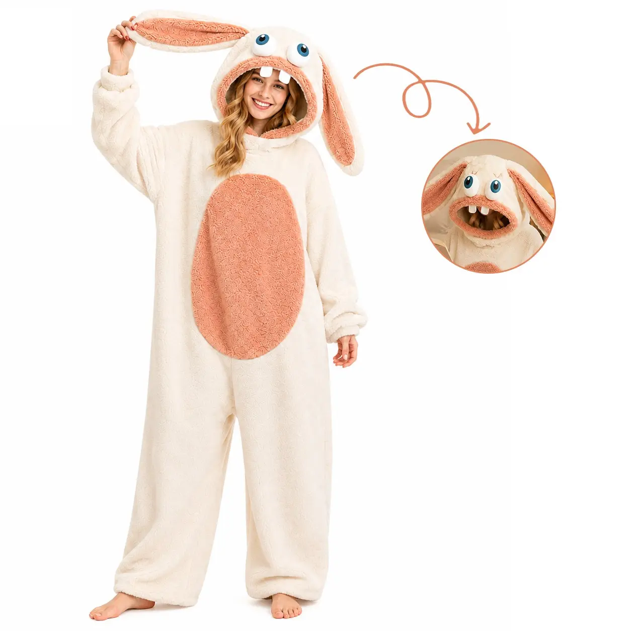 Adult Cute Bunny Plush Hooded Onesie Pajamas, Soft Fleece Jumpsuit, Halloween Christmas Cosplays Party Costume, Comfortable Sleepwear