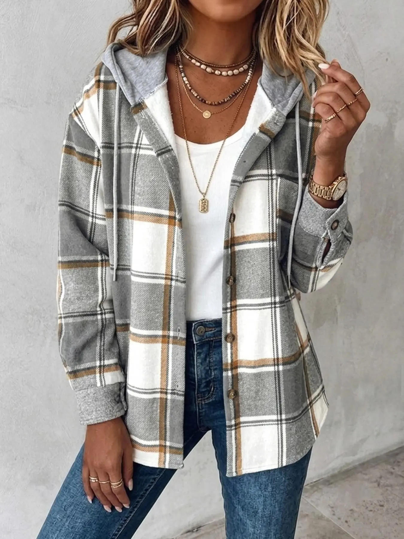 Women Vintage Plaid Hooded Shacket, Drawstring Hood Button Down Oversized Jacket, Fall Jackets, Casual Long Sleeve Outerwear Top For Vacation Shopping Campus Back To School Daily Casual Outfits