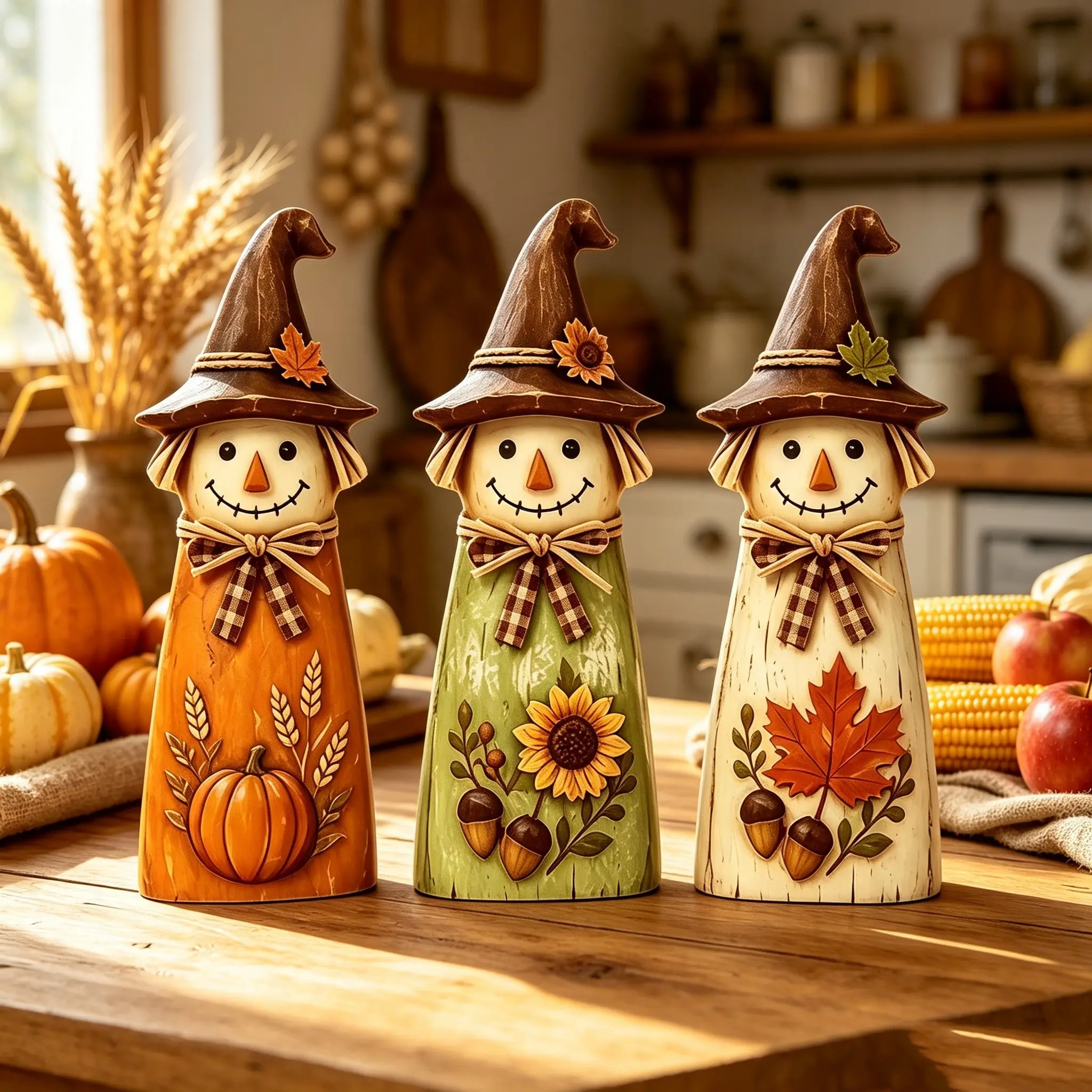 3-Piece Vintage Fall Wooden Desktop Decor, Pumpkin Maple Leaf Sunflower, Thanksgiving Farmhouse Style, Table Centerpiece, Fireplace Decoration