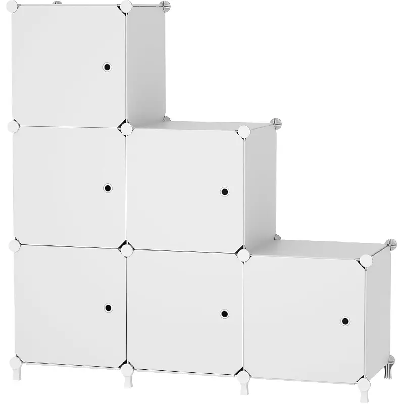 Cube Storage Organizer, 6-Cube Shelves Unit with Doors, DIY Stackable Plastic Clothes Organizer for Bedroom and Under Stairs Storage Unit, Each Compartment 30 x 30 x 30 cm White
