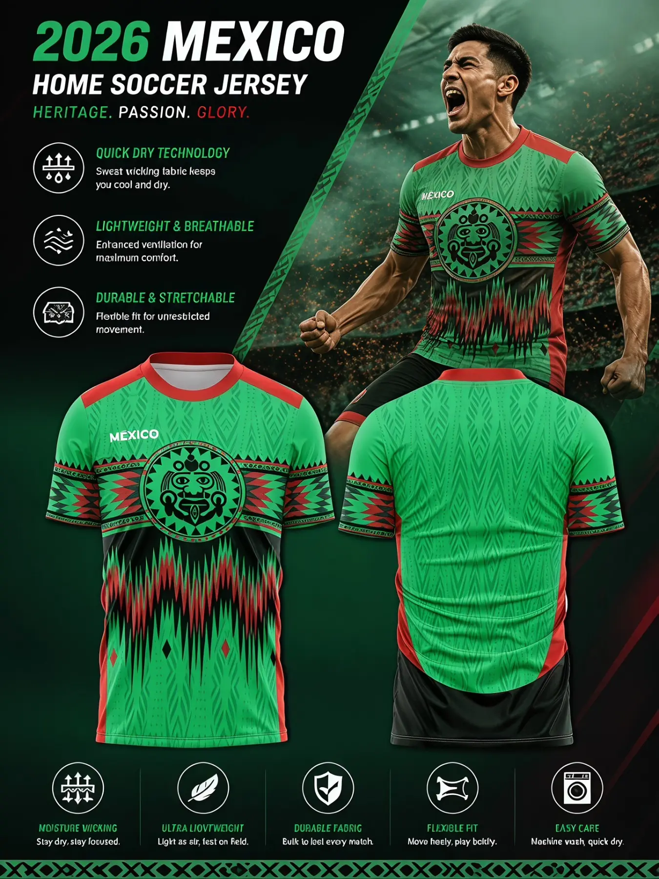2026 Mexico Tribal Mask Geometric Print Soccer Training Jersey, Quick-Dry Polyester, Breathable Mesh, Durable Design, Lightweight Jersey