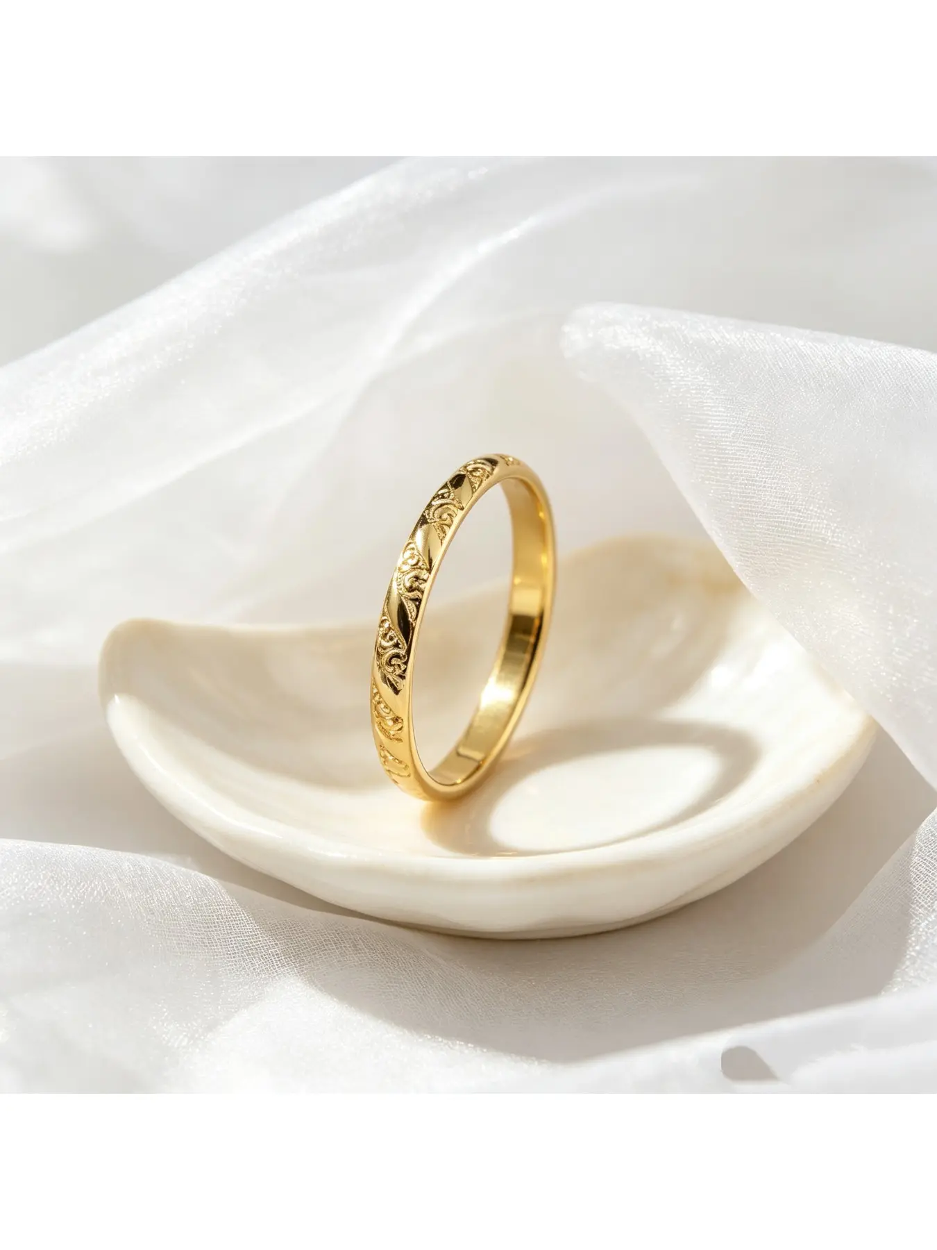 Twisted Vintage Vine Engraved Thin Gold Engagement Ring, Bridal Ring, Artistic Office Gift for Women, Single Side Carved Twist Smooth Slim Lightweight Band for Everyday Wear, Fit for Easter Hikes, Valentine Dates and Wedding Stack Matching Scenes