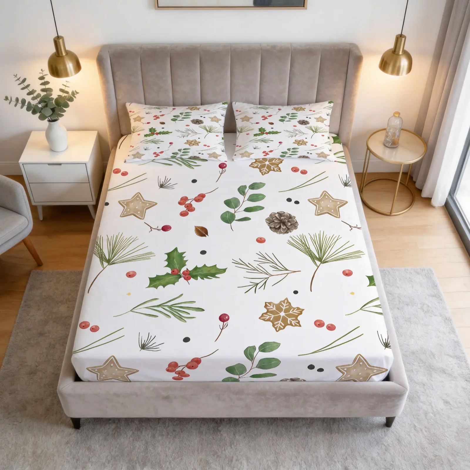 Christmas Themed Pattern Fitted Sheet, Non-Slip Dustproof Soft Bedding for Bedroom & Dorm, Housewarming Holiday & Christmas Gift, 1 Fitted Sheet + 2 Pillowcases (Pillow Inserts Not Included)