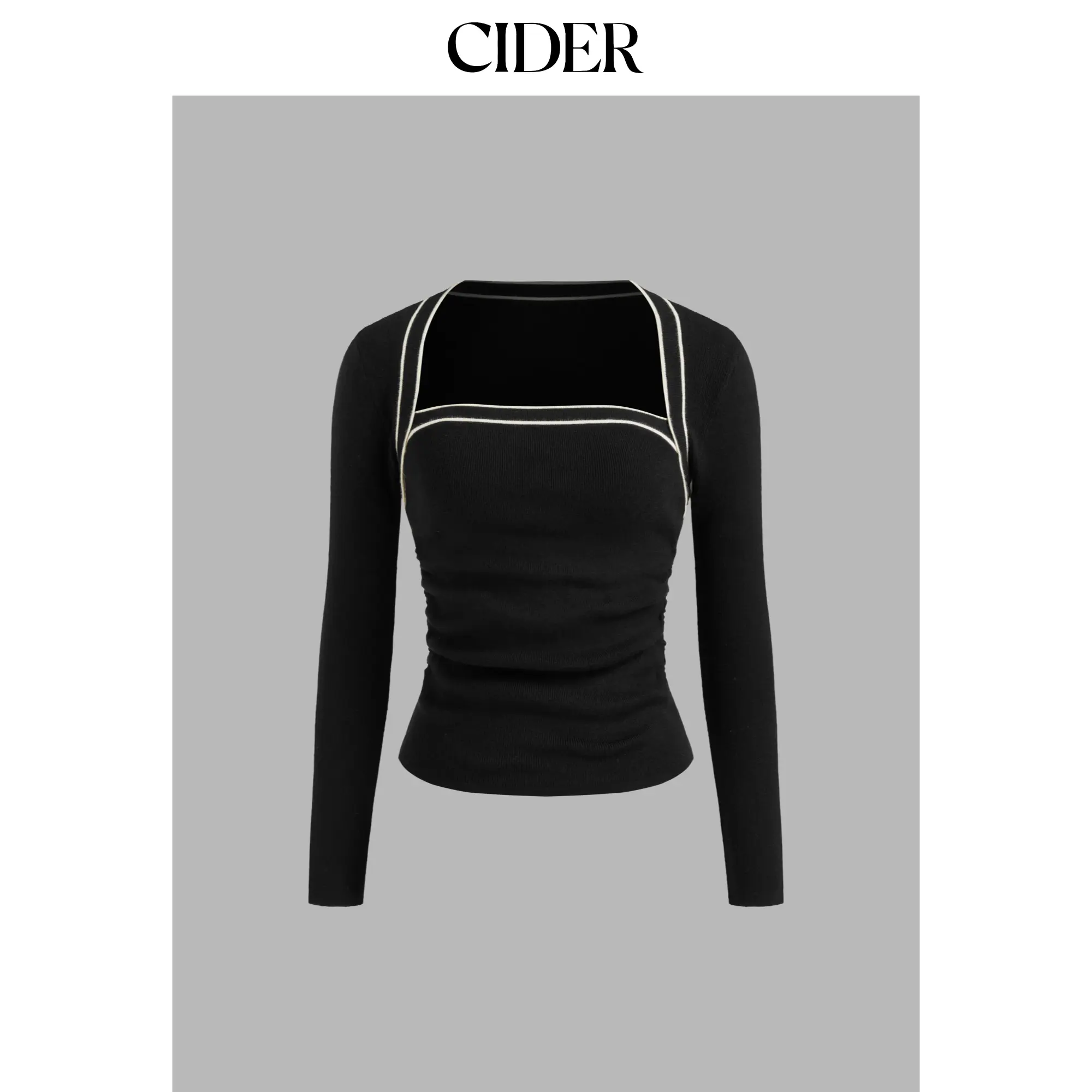 Cider [size 2-26] Knit Square Neck Solid Contrasting Binding Ruched Long Sleeve Top