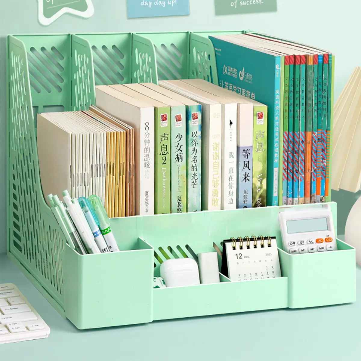 Desktop File Organizer, 4-Compartment Magazine File Holder with Pen Holder, Large Capacity Desk File Organizer Rack, File Sorter Organizer for Books, Notebooks, Documents, Folders, Office Supplies, Dorm Desk and Home Office Storage, Back to School