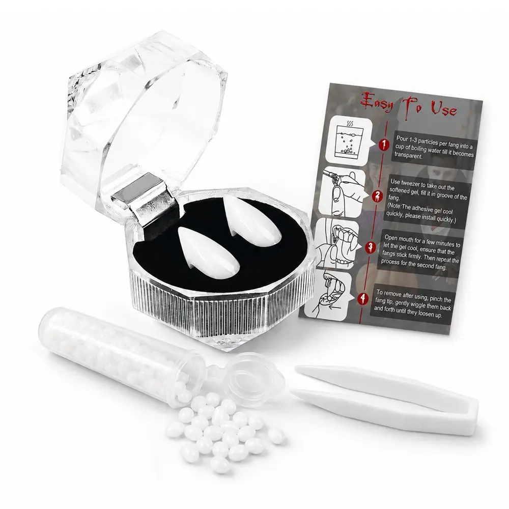Vampire Fangs Fake Teeth Kit with Storage Box, Reusable Resin Cosplay Dentures, Fitting Beads & Tweezer, Adult Halloween Party Makeup