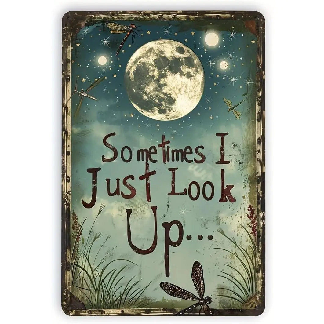 8x12 in Vintage Dragonfly & Moon Metal Tin Sign with "Sometimes I Just Look Up" Quote - Dark Blue Night Sky, Stars Rustic Farmhouse Decoration, Waterproof, Reflective Outdoor Wall Art for Home, Room, Gift, Water Proof, Hanging