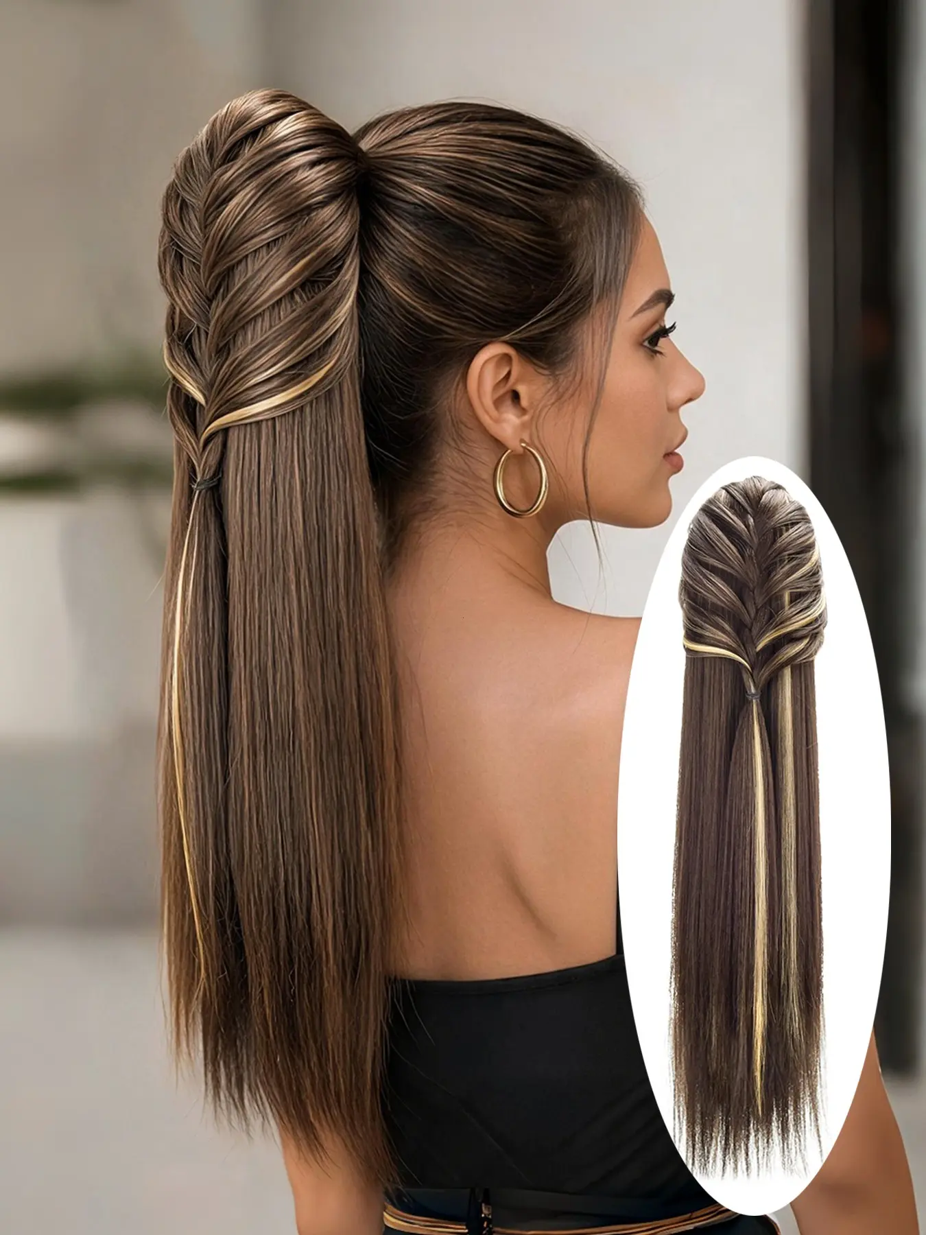 Ponytail Extension, 28 Inch Long Braid Drawstring Clip In, Synthetic Braided Hairpieces for Women, Highlight Blonde, All Seasons