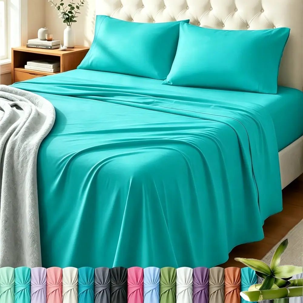 Queen Size 4PCS Luxury Hotel Grade Bamboo Fiber Cooling Sheet Set, Extra Deep Pocket Wrinkle Resistant Soft Cozy Sheets & Pillowcases, Ideal Independence Day Gift & Bedroom Decor, Random Color