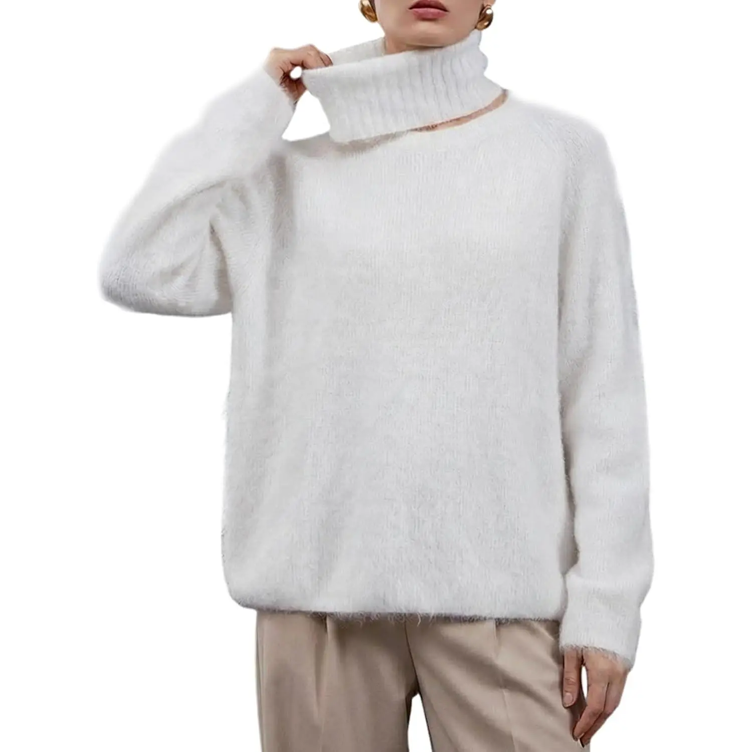 Yimoon Women's Fuzzy Sweater Cozy Sweaters Crew Neck Soft Fall Knit Pullover with Detachable Turtleneck