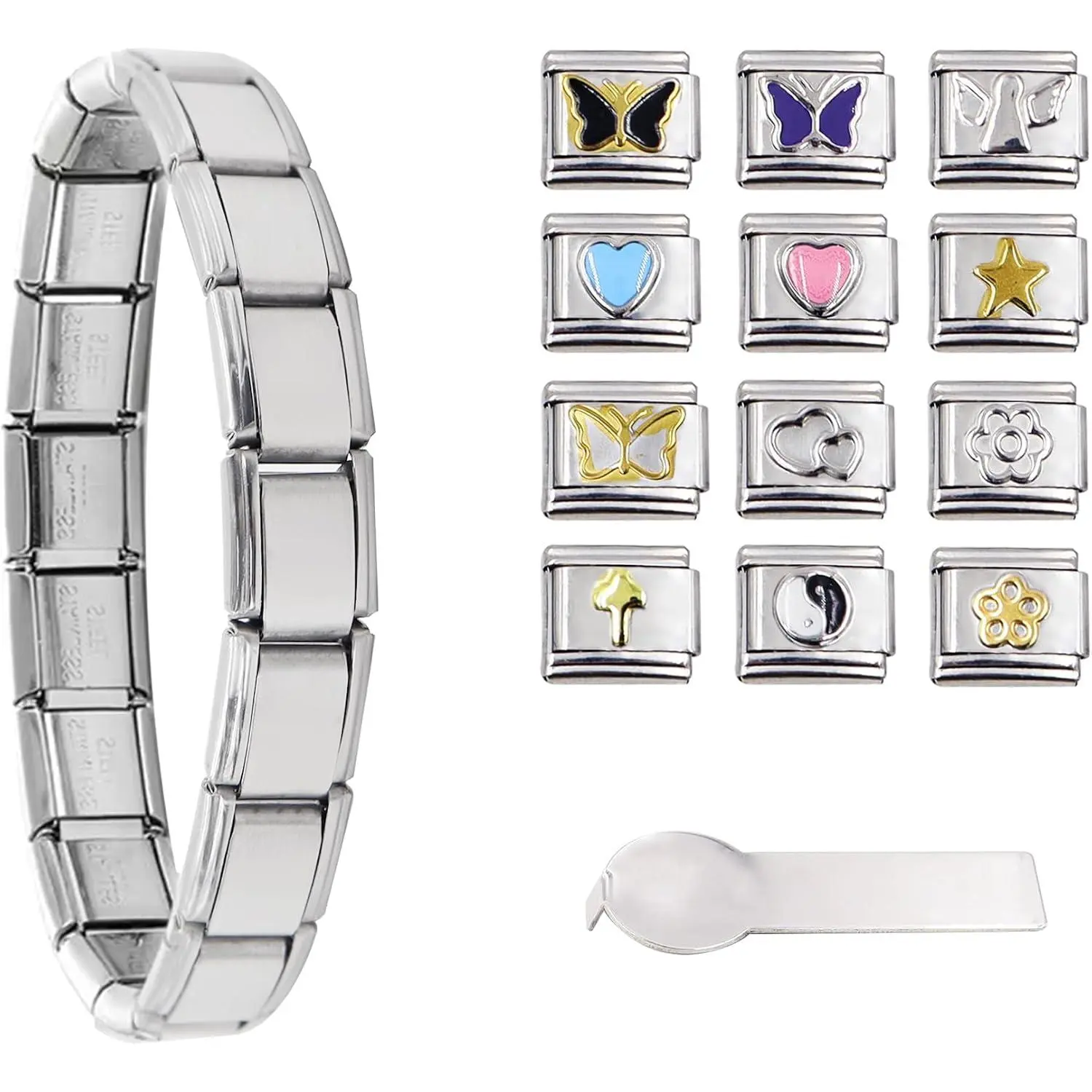Italian  Bracelet  Set, 9mm Stainless Steel Italian  Links | Italian Bracelet for Women, Italian  Bracelet Charms Pack with Started Bracelet,  Charms and Opening Tools