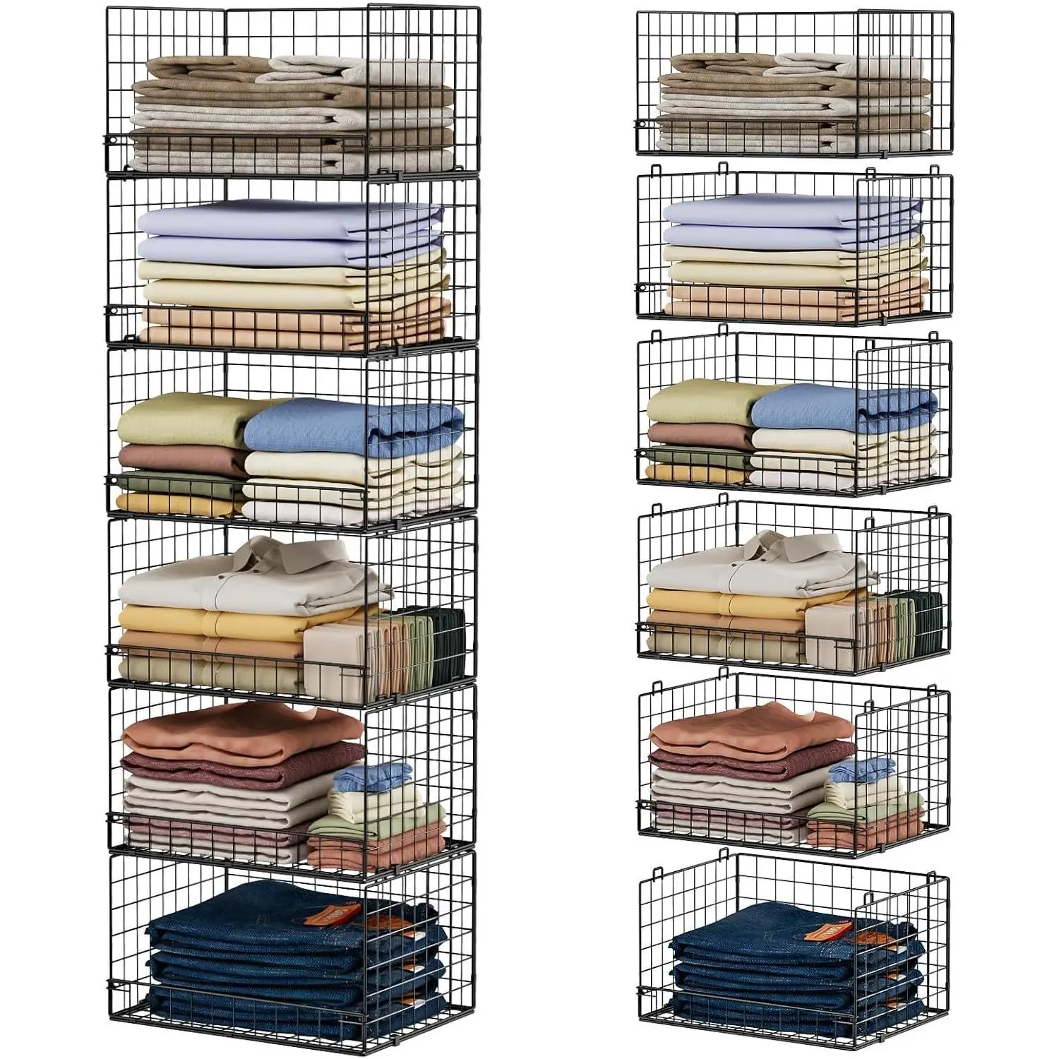 6-Tier Stackable Closet Organizers and Storage Shelves, Closet Shelf Organizer Basket Bins, Foldable Sweater Storage for Clothes Organizer System, Black（Patent No. 30022416）
