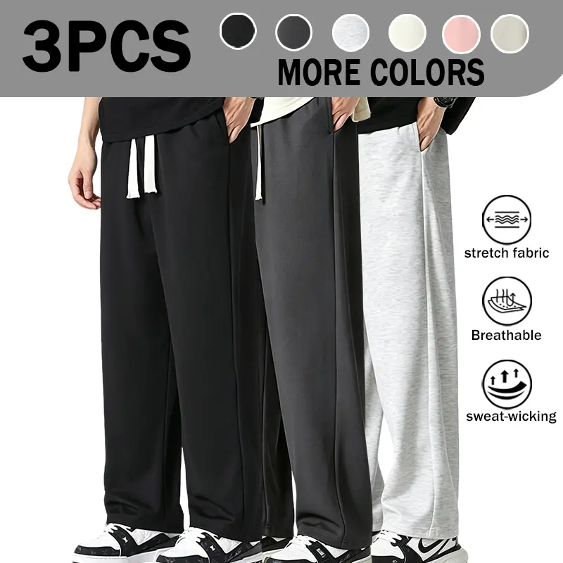 Spring Summer Men's Lazy Draped Floor-Length Wide Leg Sweatpants, Solid Drawstring Waist Loose Straight Long Pants, Lightweight High Stretch Breathable Sweat Wicking Casual Sports Trousers For Young Campus Daily Outfits, 6 Colors Optional